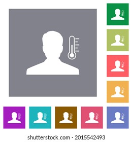 Fever measurement flat icons on simple color square backgrounds