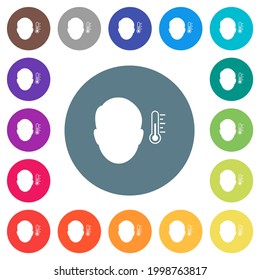 Fever measurement flat white icons on round color backgrounds. 17 background color variations are included.