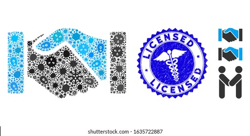 Fever mosaic acquisition handshake icon and rounded rubber stamp seal with Licensed phrase and serpents icon.