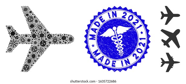 Fever mosaic air plane icon and rounded rubber stamp watermark with Made in 2021 phrase and medical icon. Mosaic vector is composed with air plane pictogram and with scattered amoeba objects.