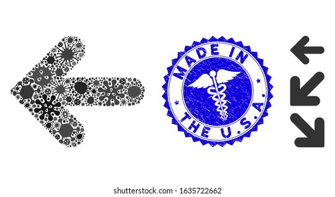 Fever mosaic arrow left icon and round grunge stamp watermark with Made in the U.S.A. caption and medicine sign. Mosaic vector is formed from arrow left icon and with randomized pathogen elements.