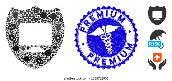 Fever mosaic computer insurance icon and rounded rubber stamp seal with Premium caption and medicine icon. Mosaic vector is composed from computer insurance icon and with randomized epidemic icons.