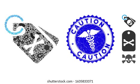 Fever mosaic death bones tags icon and rounded grunge stamp seal with Caution caption and medicine symbol. Mosaic vector is designed with death bones tags icon and with randomized pathogen symbols.