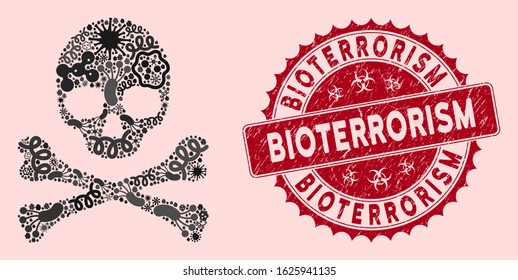Fever mosaic death skull icon and round corroded stamp seal with Bioterrorism phrase. Mosaic vector is designed with death skull icon and with scattered infectious objects.