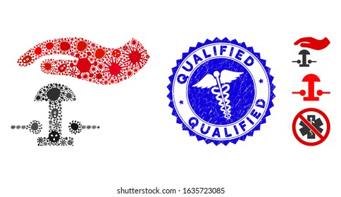 Fever mosaic emergency stop icon and round distressed stamp seal with Qualified phrase and clinic sign. Mosaic vector is created with emergency stop icon and with scattered microbe cell symbols.