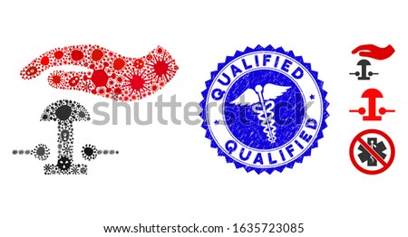 Fever mosaic emergency stop icon and round distressed stamp seal with Qualified phrase and clinic sign. Mosaic vector is created with emergency stop icon and with scattered microbe cell symbols.