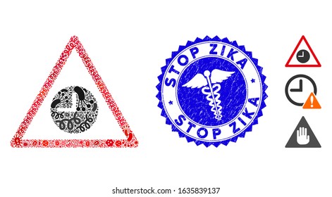 Fever mosaic expired warning icon and round rubber stamp seal with Stop Zika text and health care symbol.