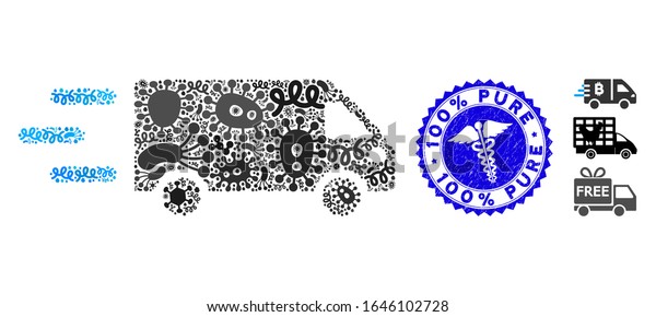 Fever mosaic fast delivery car icon and round\
rubber stamp seal with 100 Percent Pure phrase and health care\
icon. Mosaic vector is designed with fast delivery car icon and\
with randomized\
bacterium