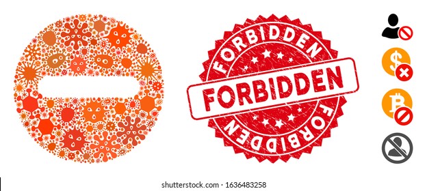 Fever mosaic forbidden icon and round rubber stamp seal with Forbidden phrase. Mosaic vector is composed with forbidden pictogram and with scattered contagious icons. Forbidden seal uses red color,