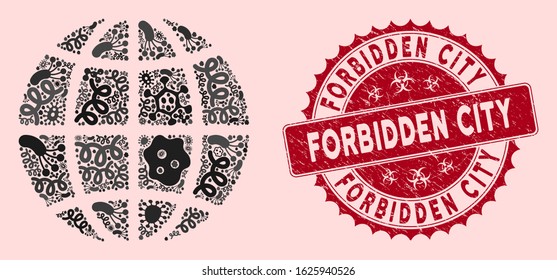 Fever mosaic globe icon and round rubber stamp seal with Forbidden City caption. Mosaic vector is created with globe pictogram and with random flu items. Forbidden City stamp uses red color,
