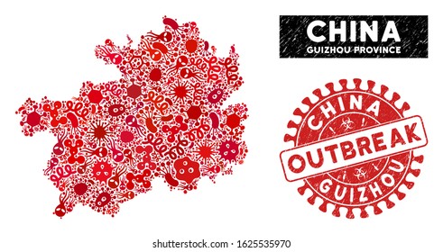 Fever mosaic Guizhou Province map and red grunge stamp watermark with OUTBREAK message. Guizhou Province map collage designed with randomized contagion elements.
