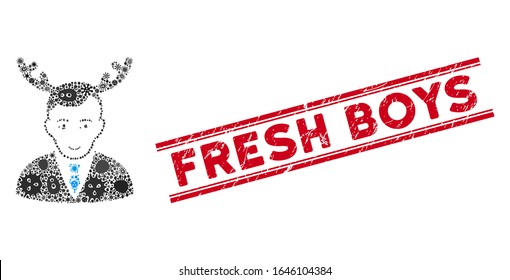 Fever mosaic horned husband icon and red Fresh Boys seal stamp between double parallel lines. Mosaic vector is created from horned husband icon and with randomized pandemic elements.