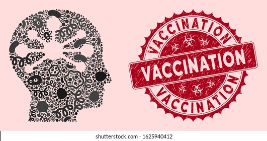 Fever mosaic human intellect icon and round corroded stamp watermark with Vaccination caption. Mosaic vector is designed with human intellect pictogram and with random infection elements.