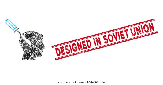 Fever mosaic intellect screwdriver tuning icon and red Designed in Soviet Union seal stamp between double parallel lines.
