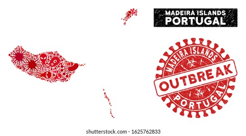 Fever mosaic Madeira Islands map and red grunge stamp seal with OUTBREAK text. Madeira Islands map collage constructed with randomized pathogen items.