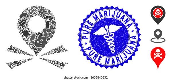 Fever mosaic marker position icon and rounded rubber stamp seal with Pure Marijuana caption and health care symbol.