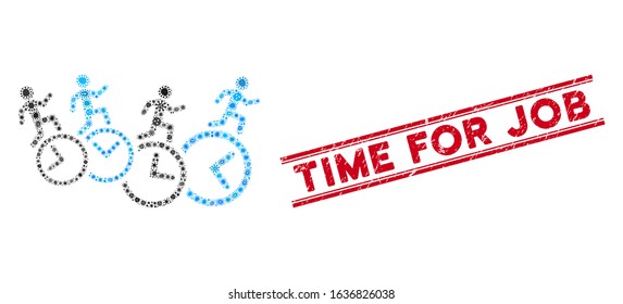 Fever mosaic men running over clocks icon and red Time for Job seal stamp between double parallel lines.