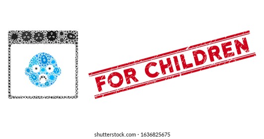 Fever mosaic newborn head calendar page icon and red For Children stamp between double parallel lines. Mosaic vector is composed with newborn head calendar page icon and with random bacterium symbols.