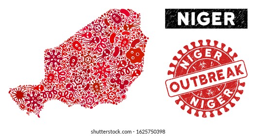 Fever mosaic Niger map and red distressed stamp seal with OUTBREAK phrase. Niger map collage designed with random contagious icons. Red round OUTBREAK seal stamp with scratched texture.