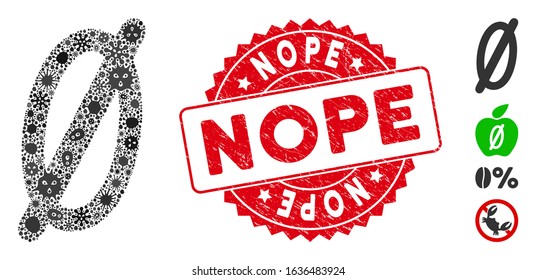 Fever mosaic nope icon and round rubber stamp seal with Nope caption. Mosaic vector is formed with nope icon and with randomized epidemic elements. Nope stamp uses red color, and rubber design.