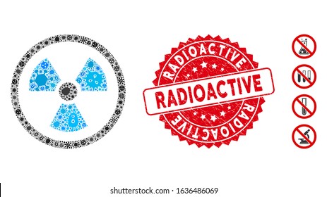 Fever mosaic radioactive icon and rounded corroded stamp seal with Radioactive text. Mosaic vector is designed with radioactive icon and with randomized amoeba elements.