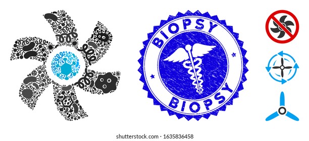 Fever mosaic rotor icon and round corroded stamp seal with Biopsy caption and caduceus sign. Mosaic vector is formed from rotor icon and with scattered flu elements. Biopsy stamp seal uses red color,