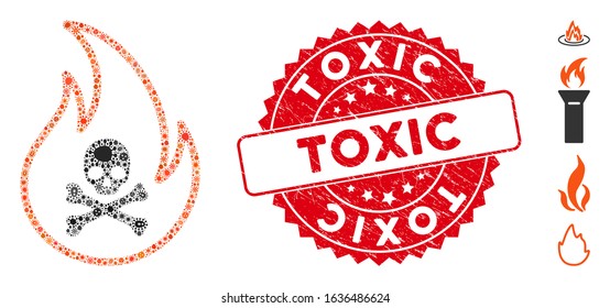 Fever mosaic toxic fire icon and round grunge stamp seal with Toxic caption. Mosaic vector is designed with toxic fire icon and with random contagious elements. Toxic stamp seal uses red color,