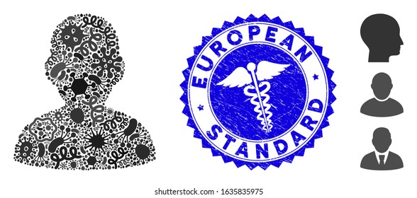 Fever mosaic user icon and rounded distressed stamp watermark with European Standard caption and caduceus sign. Mosaic vector is composed with user icon and with randomized pathogen objects.