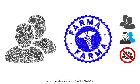 Fever mosaic users icon and round rubber stamp watermark with Farma text and health care icon. Mosaic vector is designed with users pictogram and with randomized flu icons.