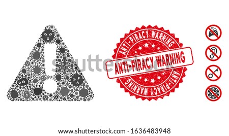 Fever mosaic warning icon and round rubber stamp seal with Anti-Piracy Warning caption. Mosaic vector is created from warning pictogram and with randomized virus symbols.
