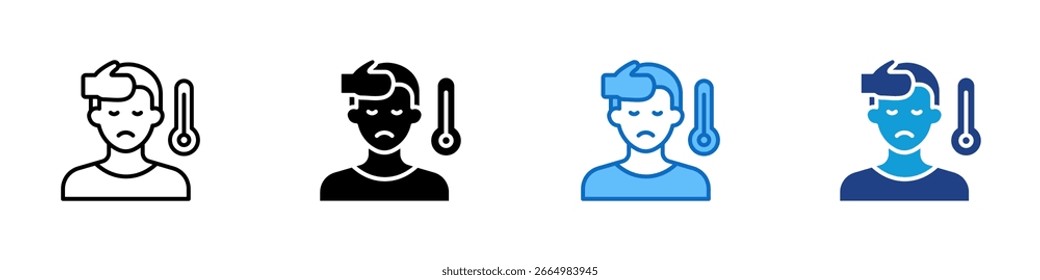 Fever Multi Style Icon Design Vector - Person with a cold pack and thermometer, depicting fever or high temperature