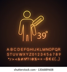 Fever neon light icon. High body temperature. Disease, cold, flu symptom. Vaccination side effect. Glowing sign with alphabet, numbers and symbols. Vector isolated illustration