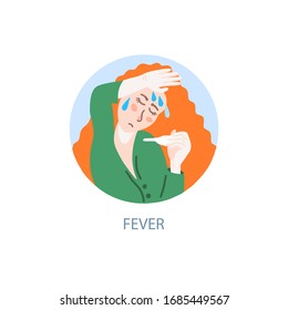 fever - symptom of coronavirus, hand drawing icon, sick girl with red hair measures the temperature, covid-19 vector illustration