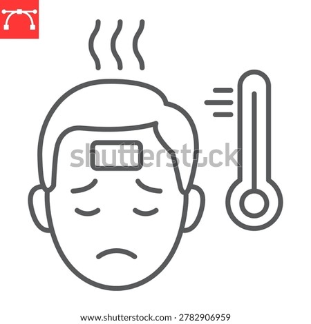 Fever symptom line icon, hantavirus and high temperature medical sign, sick person with thermometer vector icon, vector graphics, editable stroke outline sign.