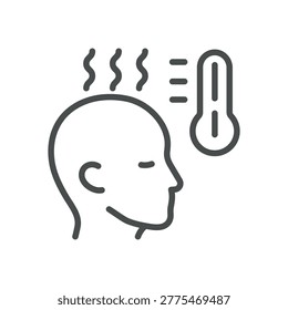 Fever thin line icon for high temperature, feverishness and infection symptom. Editable stroke. Vector illustration.