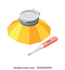 Fever Treatment Isometric Icon With Thermometer And Cold Compress 3d Vector Illustration