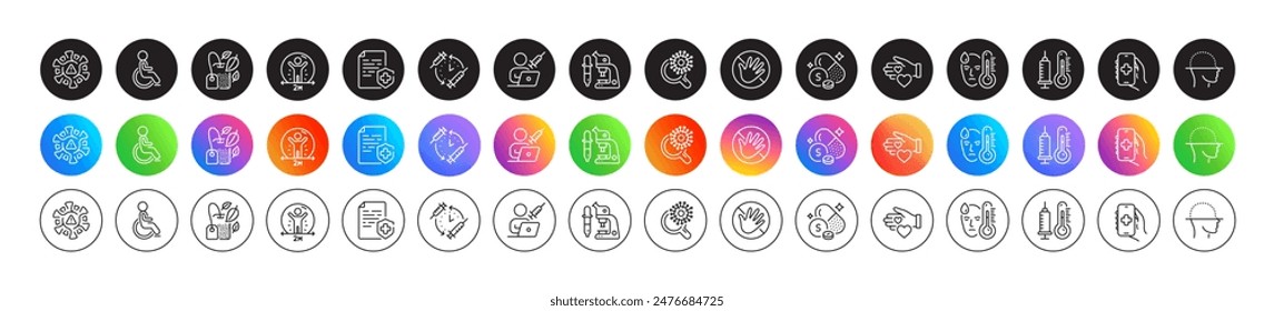 Fever, Vaccination appointment and Disability line icons. Round icon gradient buttons. Pack of Vaccination schedule, Social distance, Microscope icon. Vector