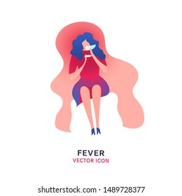 Fever vector icon. Sick girl with high temperature sign. Editable illustration in modern flat style. Medical, healthcare, common diseases concept in bright blue, magenta and pink colors.