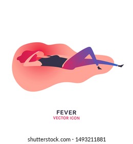 Fever vector icon. Sick girl with high temperature sign. Editable illustration in modern flat style. Medical, healthcare, common diseases concept in bright violet, magenta and pink colors.