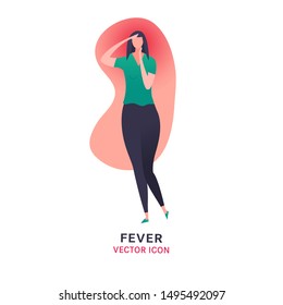 Fever vector icon. Sick girl with high temperature sign. Editable illustration in modern flat style. Medical, healthcare, common diseases concept in bright green, grey and pink colors.