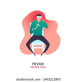 Fever vector icon. Sick man with high temperature sign. Editable illustration in modern flat style. Medical, healthcare, food poisoning concept in bright green, grey and pink colors.