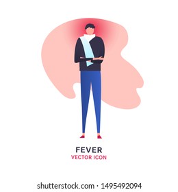 Fever vector icon. Sick man with high temperature sign. Editable illustration in modern flat style. Medical, healthcare, food poisoning concept in bright grey, blue and pink colors.