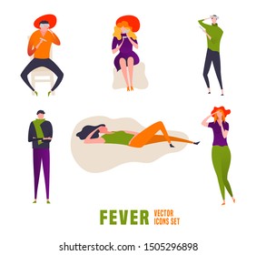 Fever vector icons set. Sick people with high temperature signs. Editable illustration in modern flat style. Medical, healthcare, common diseases concept in bright green, violet, orange, red colors.