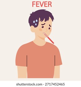 Ilustração do vetor de febre mostrando alta temperatura, cefaleia, calafrios, sudorese e fadiga, com doenças relacionadas como gripe, dengue, malária e infecções virais.