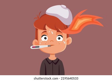 
Feverish Boy Burning up from Infectious Disease Vector Illustration. Sick child feeling feverish and unwell
