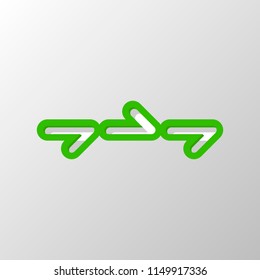 Few arrows, same direction. Linear, thin outline. Paper style. Cut symbol with green bold contour on shape and simple shadow