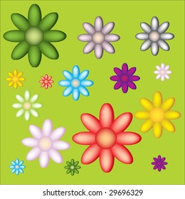 Few big and small flowers on green background
