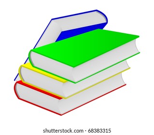 A few books of different color are located on a white background. Books are built in a pile. Four books.