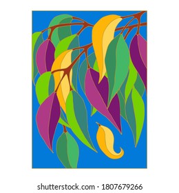 A few branches with leaves in frame. Decorative stylized colorful element for design and season (spring, autumn, summer) illustration. 