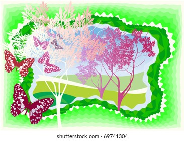 A few butterflies on the background of the spring trees